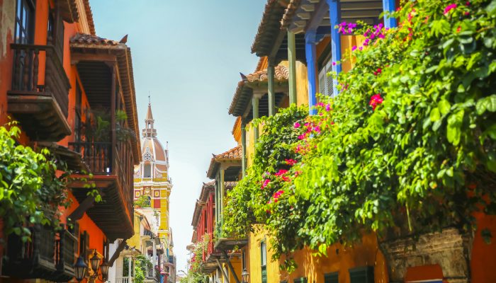 Cartagena, Columbia - April 4, 2017: Lush balcony planters along the street looking towards town square in the old town of Cartagena Columbia