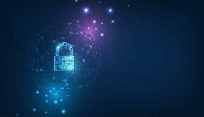 Padlock With Keyhole icon in personal data security Illustrates cyber data or information privacy idea. blue color abstract hi speed internet technology.