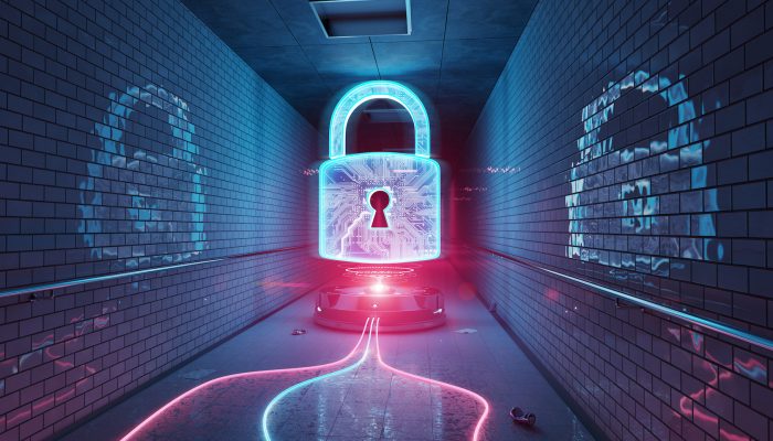 Blue and pink underground cyber security hologram with digital padlock 3D rendering