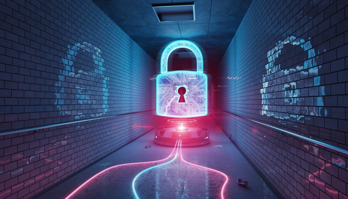 Blue and pink underground cyber security hologram with digital padlock 3D rendering