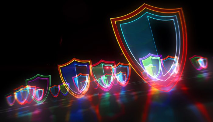 Cyber security concept with shield symbol, privacy protection and computer safety icon. Futuristic abstract 3d rendering illustration.